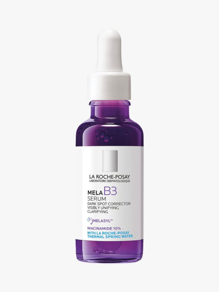 La Roche-Posay Mela B3 Dark Spot Corrector Serum purple bottle with white dropper cap on light gray background